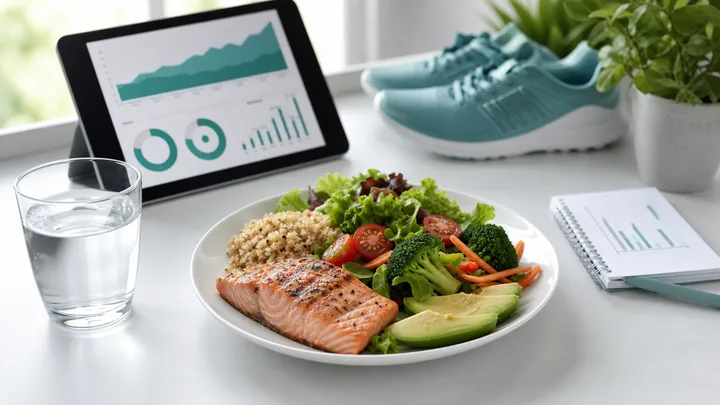 食事、水、運動靴、カロリー管理を連想するタブレットを並べた写真