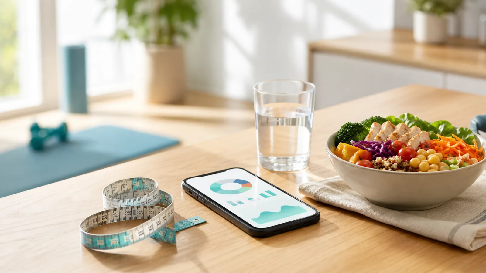 健康管理に使うスマートフォン、メジャー、水、食事、運動用品を明るい室内に並べた写真